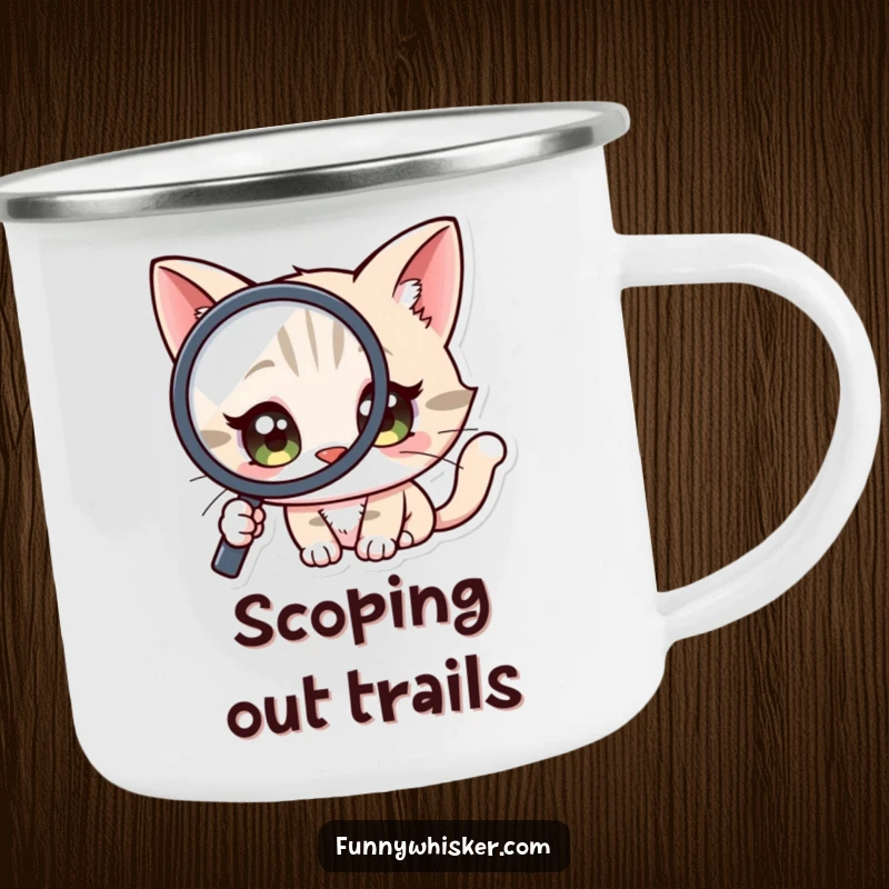 Funny Camping Mug: A cat character with wide, curious eyes peering through a magnifying glass in an outdoor setting.
