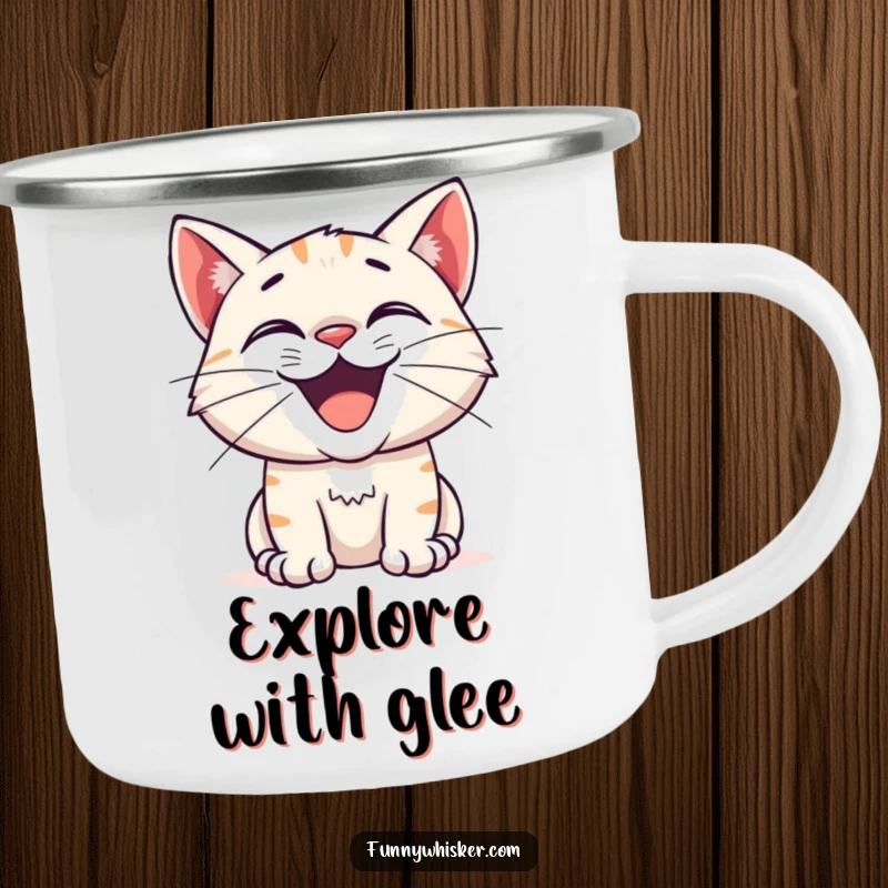 Funny camping mug showcasing a cat with a huge excited grin and twitching whiskers, perfect for outdoor enjoyment with humor and curiosity.