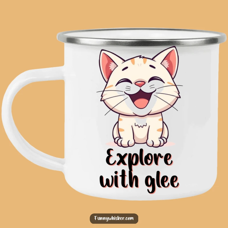 Funny Excited Cat Grin Camping Mug - Adventure Fuel for Curious Souls