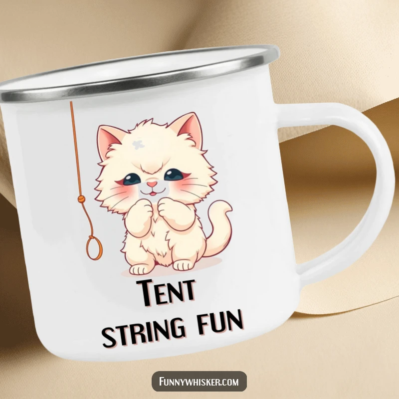 Funny enamel camping mug with a fluffy cat character playfully batting a dangling string. Humorous and rugged, a great funny gift.