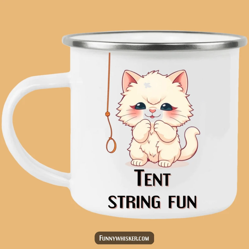 Funny Fluffy Cat Camping Mug: String Batting Adventure - Hilarious Gift!