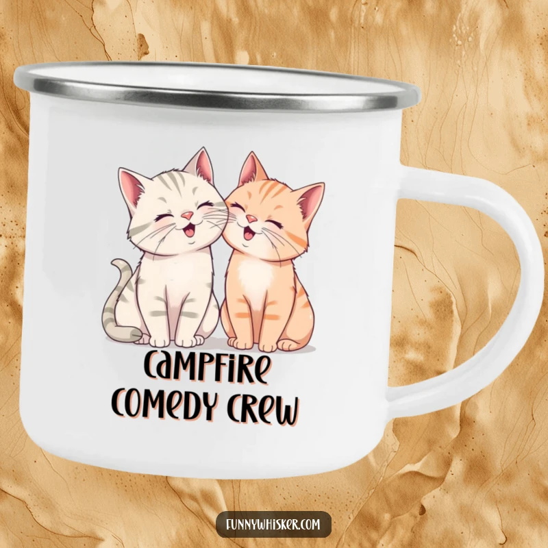 Funny camping mug featuring two cats with exaggerated whiskers leaning together, sharing a silent, joyous giggle, perfect for outdoor fun.