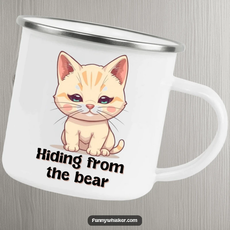 Funny Cat Camping Mug: Shy cat attempts to hide behind its single, large whisker, ideal for outdoor adventures.