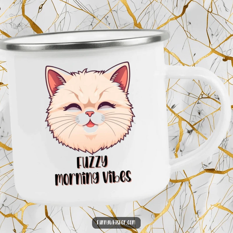 Funny fluffy cat head camping mug with exaggerated, wiggling whiskers, durable and ready for outdoor adventures, bringing feline charm.