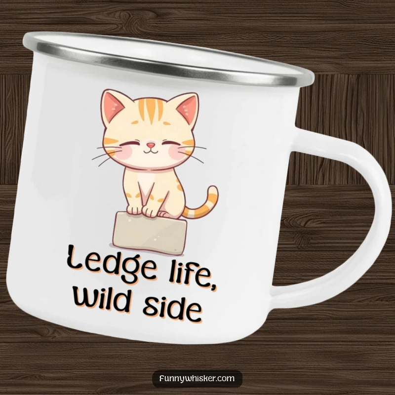 Funny Cat Camping Mug showing a cat character masterfully balancing on a ledge, its whiskers providing essential stability.