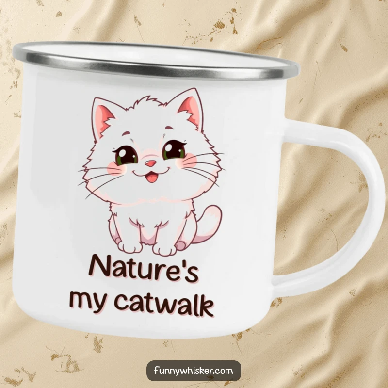 Funny Camping Mug: A fluffy cat character with massive, comical whiskers wiggling with glee in an outdoor setting.
