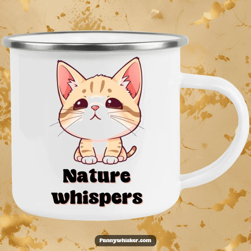 Funny camping mug of a cat with perked ears and twitching whiskers, embodying curiosity in the wild.