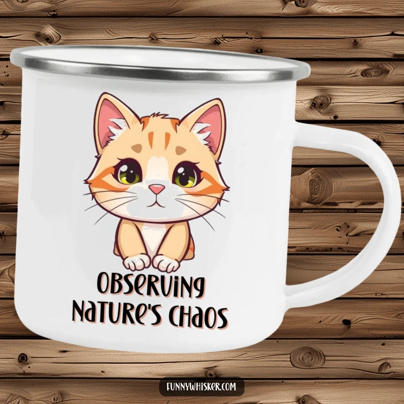 Funny cat camping mug featuring a curious character peeking from behind a large, fuzzy whisker, ready for adventure.