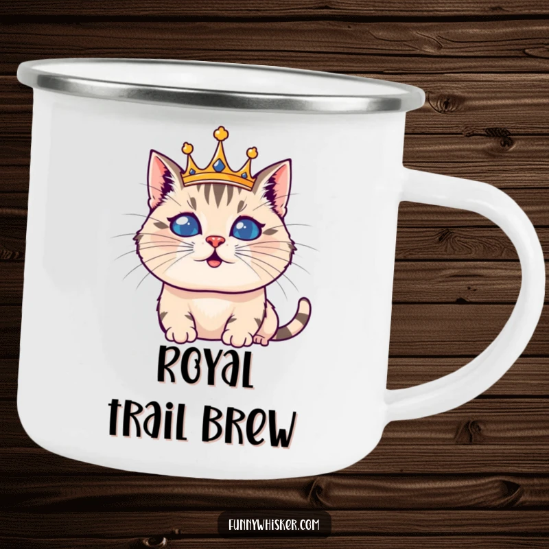 Funny camping mug showing a cat king with a fluffy whisker crown, ready for outdoor fun with a regal, silly vibe.