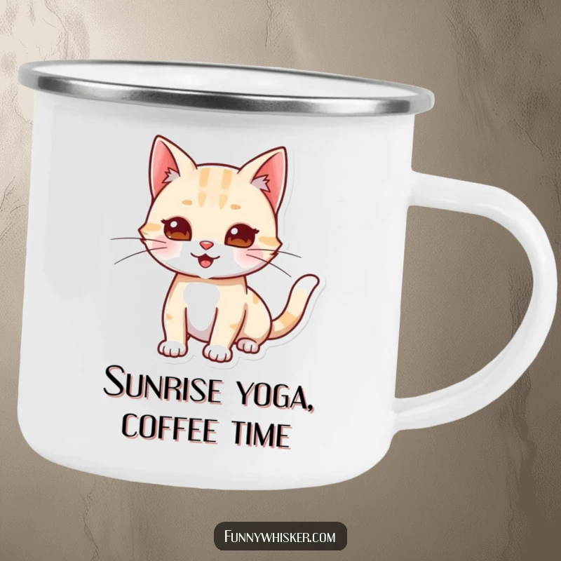 Funny camping mug with a cat character stretching and playfully extending its whiskers, perfect for relaxed outdoor moments.