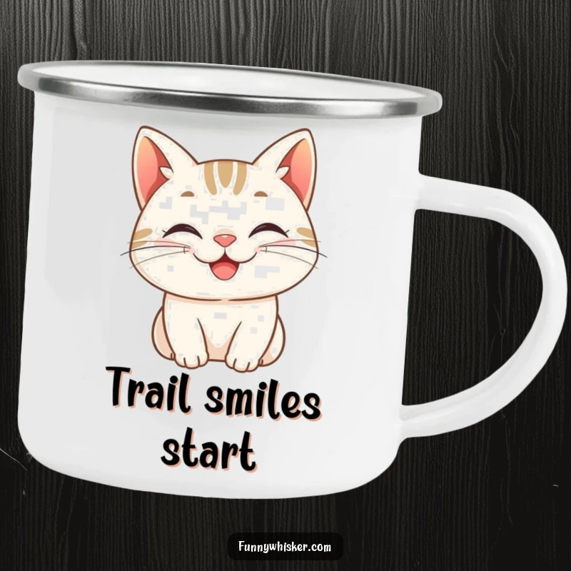 Funny camping mug, a cat character with whiskers curled into a cheerful grin, perfect for happy outdoor sips and cheerful adventures.