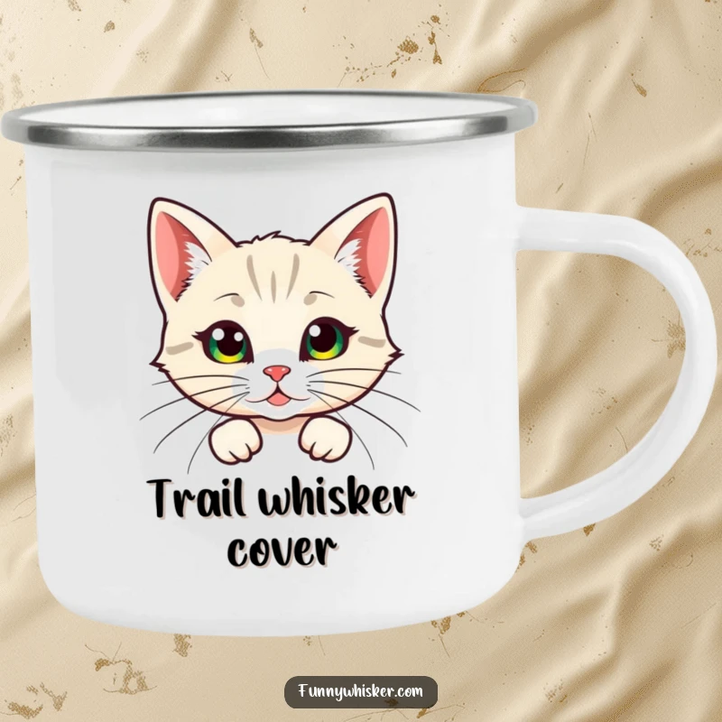 Funny camping mug, a cat character humorously peeking from behind large, feathery whiskers, perfect for outdoor adventures with a touch of humor.