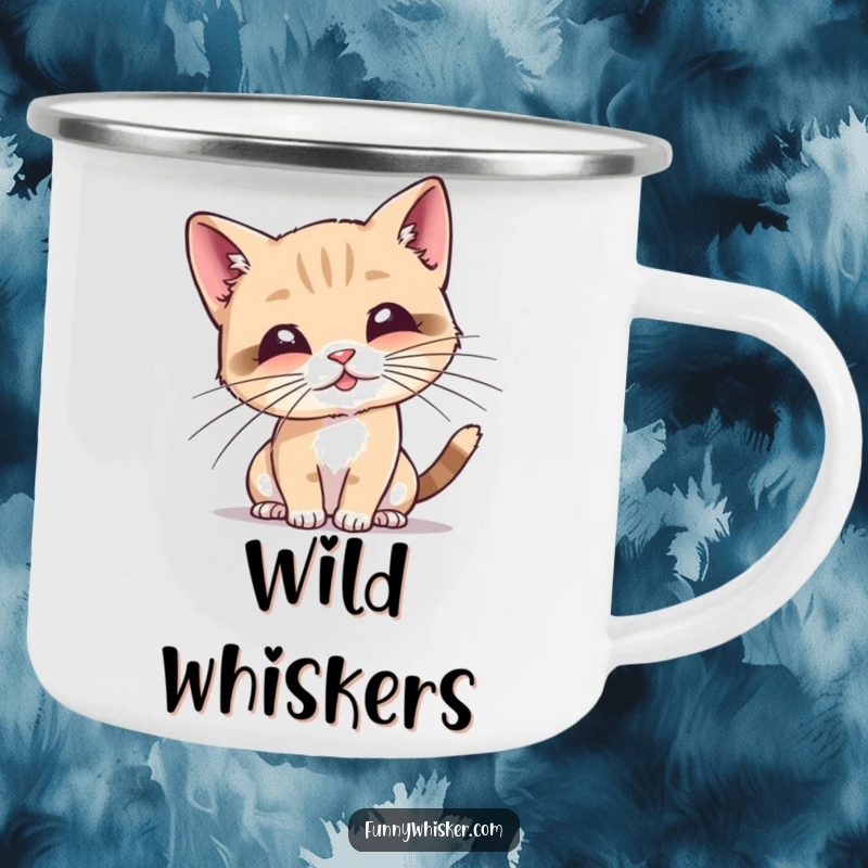Funny cat camping mug showing a tiny cat playfully batting at its own exaggerated whiskers, ready for outdoor fun.