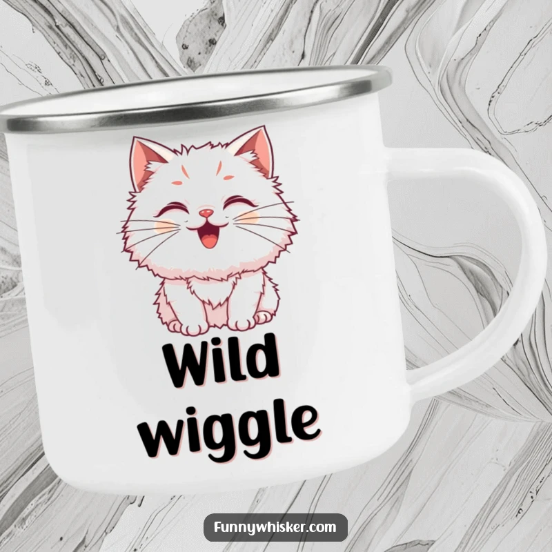 Funny Cat Camping Mug with a fluffy cat and exaggerated, wiggling whiskers, perfect for adventures and cat fans, a great funny gift.