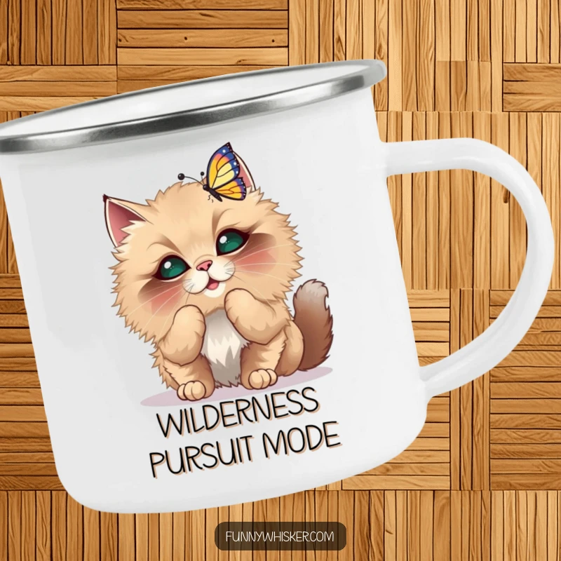 Funny Camping Mug featuring a fluffy cat with oversized whiskers playfully batting at a dancing butterfly, for outdoors.