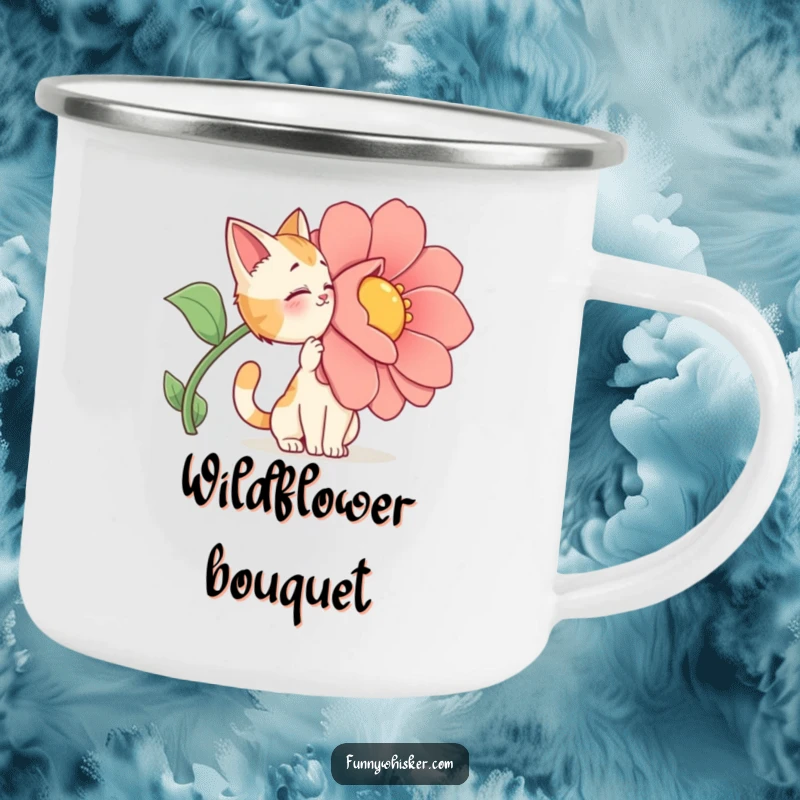 Funny Camping Mug: A cat character dramatically sniffing a giant, cartoonish flower in an outdoor setting.