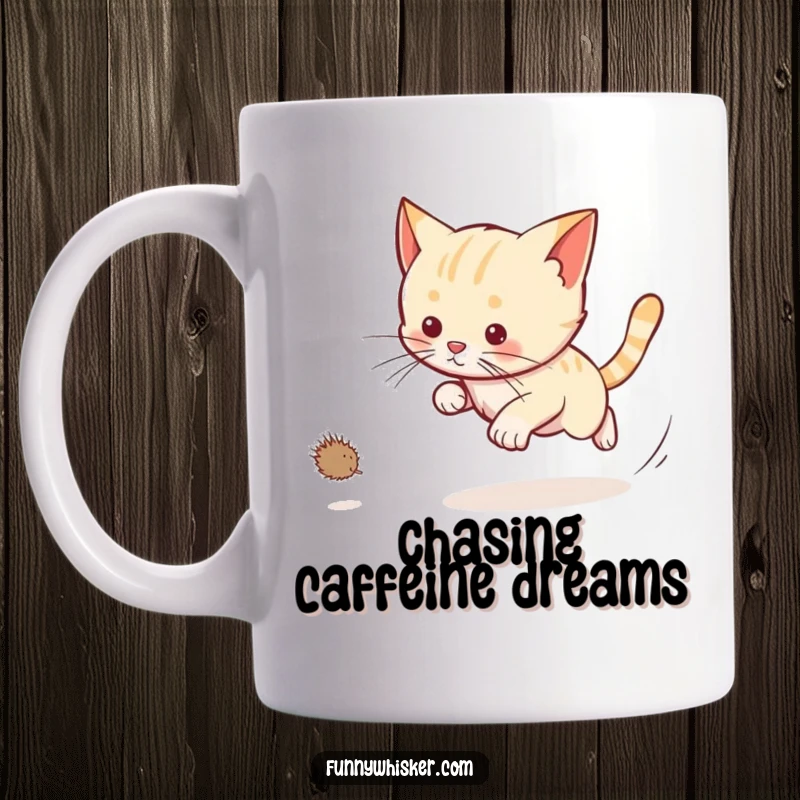 Funny cat mug showing a cat chasing a dust bunny with long whiskers trailing, capturing energetic pet playfulness.