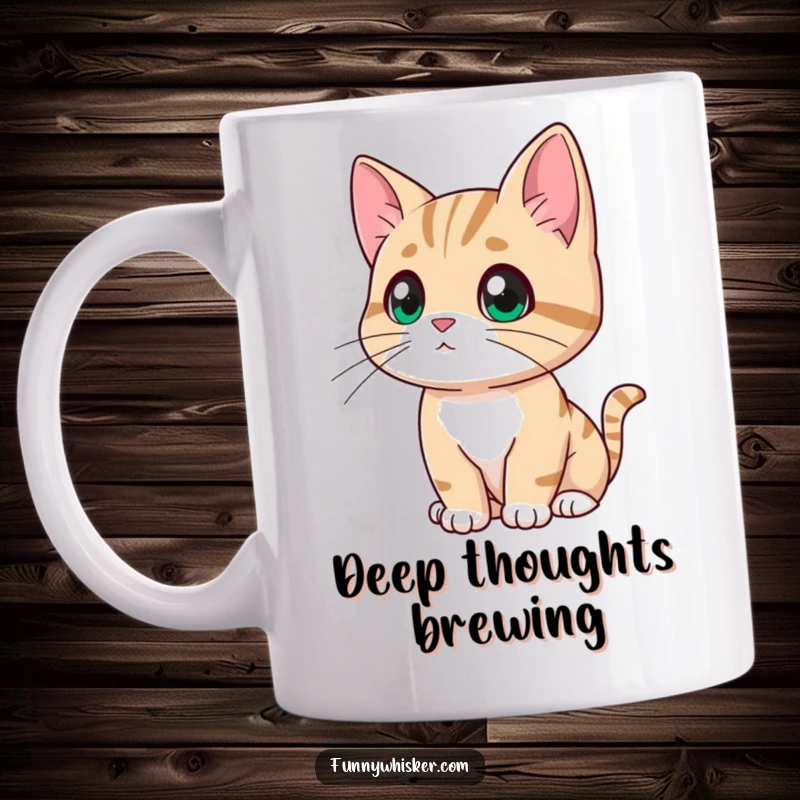 Funny cat mug featuring a character looking thoughtfully into the distance, whiskers drooping slightly in pretend contemplation, a picture of quiet humor.