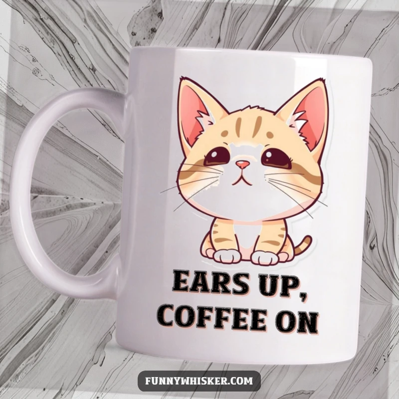 Funny mug depicting a cat with perked ears and twitching whiskers, intensely focused and curious.
