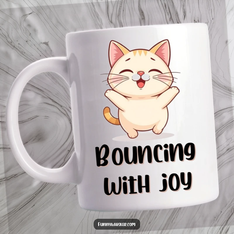 Funny cat mug showing a small, round cat character with oversized whiskers doing a happy little bounce, radiating joy.