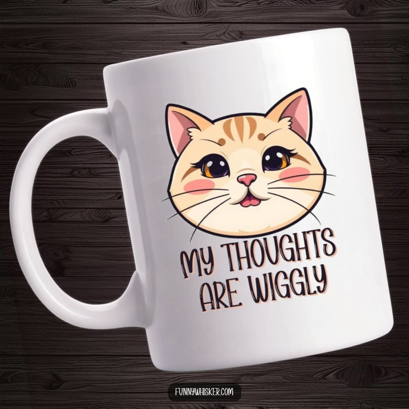 Funny cat head mug with extremely long, wobbly whiskers, showcasing a playful and humorous feline design for a delightful gift.