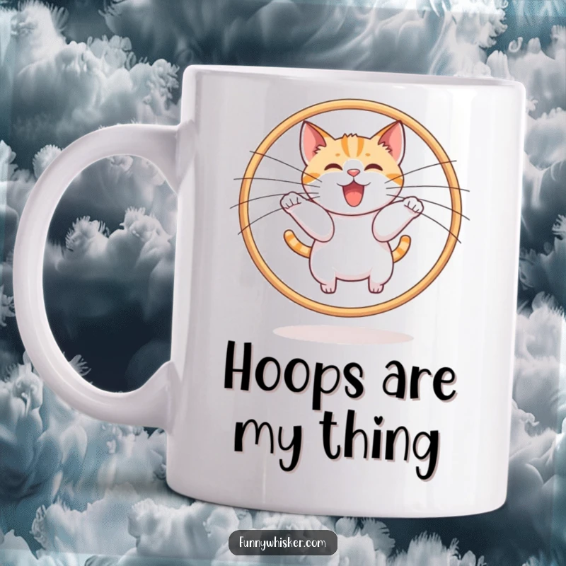 Funny playful cat leaping through a hoop made of two oversized whiskers, on a mug, ideal funny gift.
