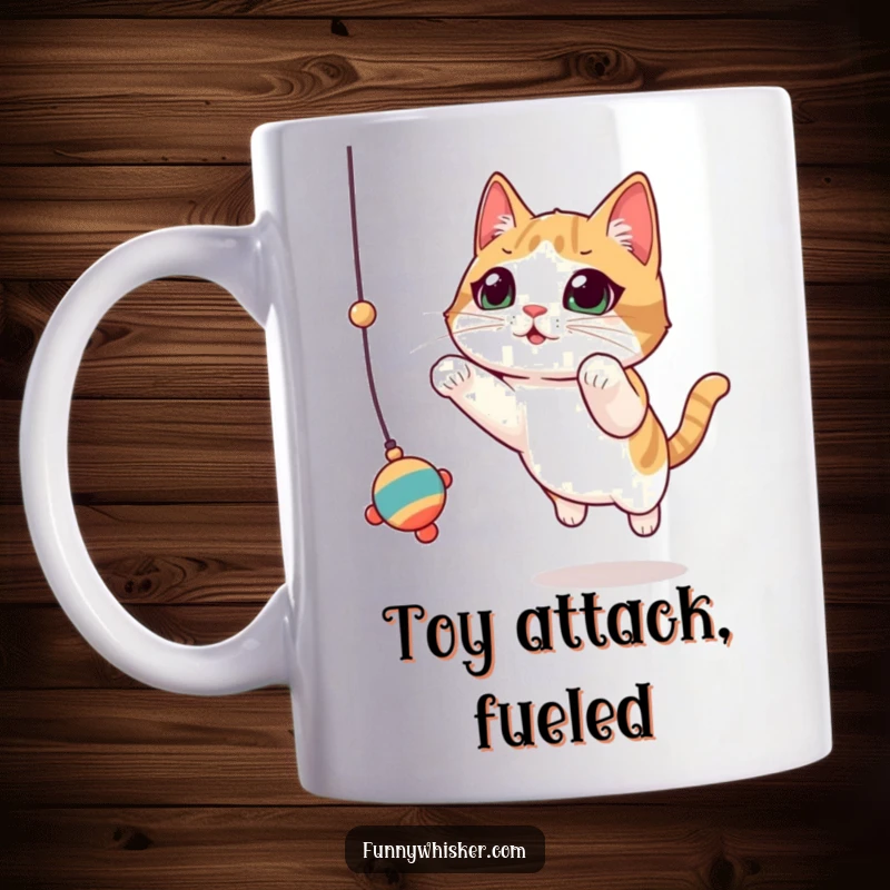 Funny Cat Mug: A cat with huge, twitching whiskers leaps energetically for a dangling toy, capturing playful action.
