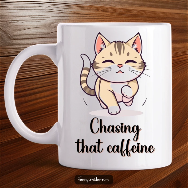 Funny mug showing a cat intently chasing its tail, whiskers twitching, embodying focused energy and playful obsession.