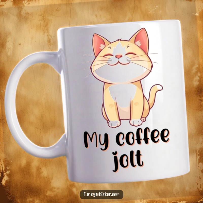 Funny cat mug with a giant, joyful whisker twitching mid-air, capturing a moment of pure feline delight and playful energy.