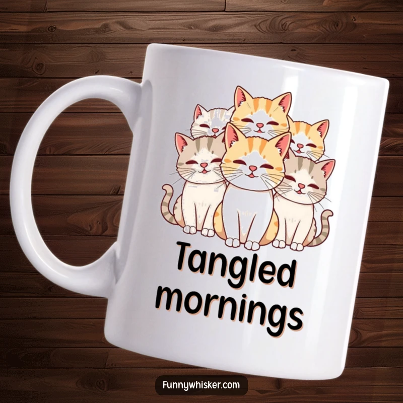 Funny Cat Mug showing two cats with comically long, intertwined whiskers, symbolizing friendship and humor, an ideal gift.