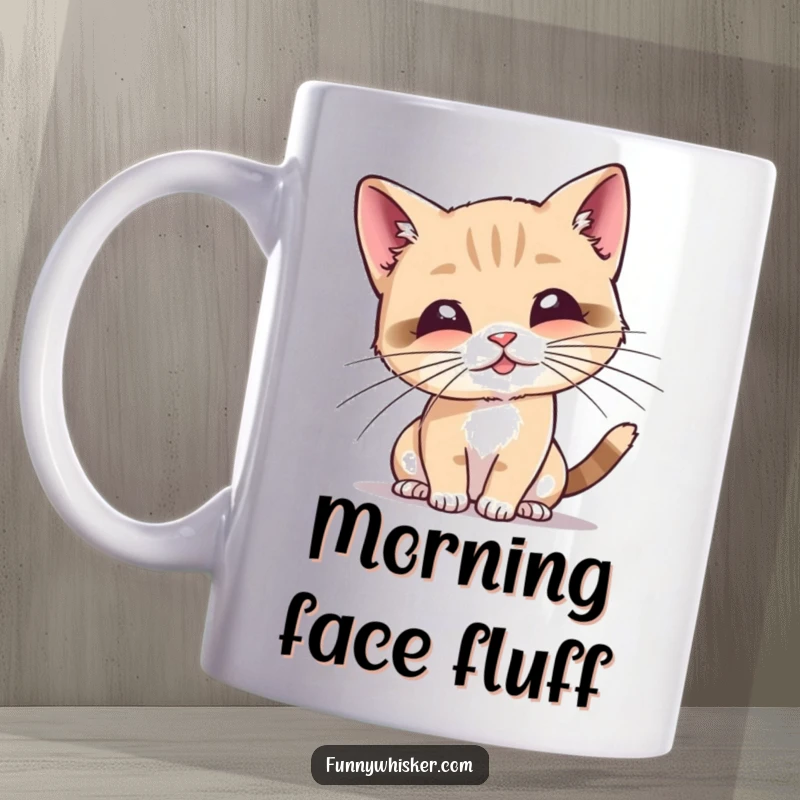 Funny cat mug showing a tiny cat character playfully batting at its own long, exaggerated whiskers, full of feline mischief.