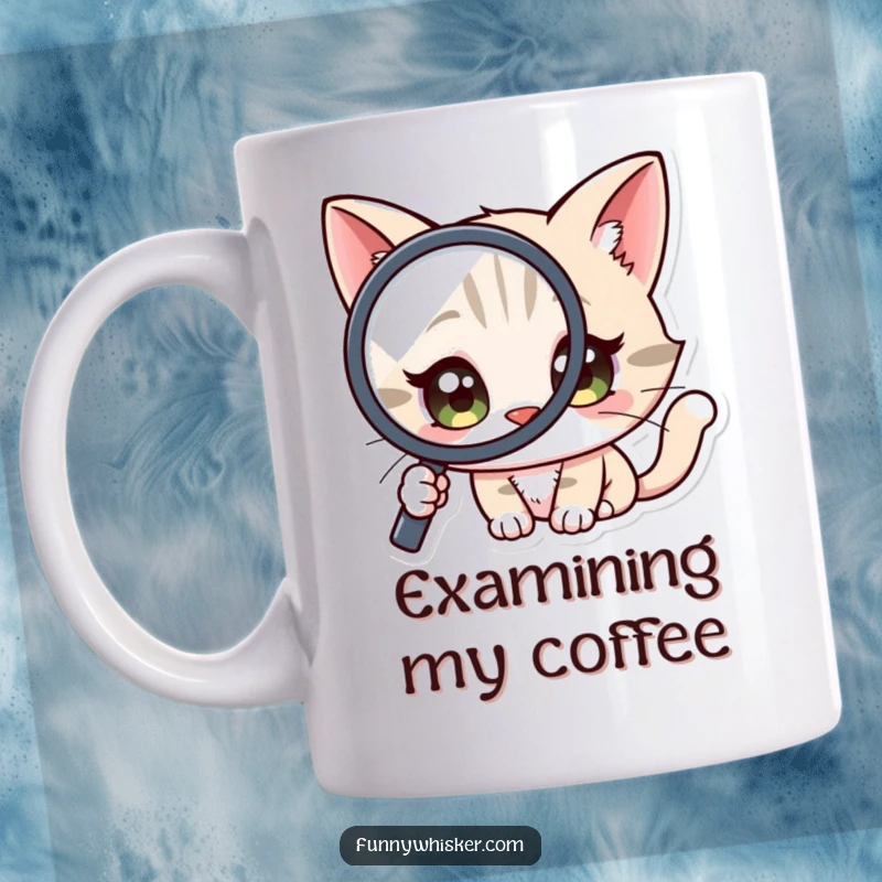 Funny Mug: A cat character with wide, curious eyes peering intensely through a magnifying glass.