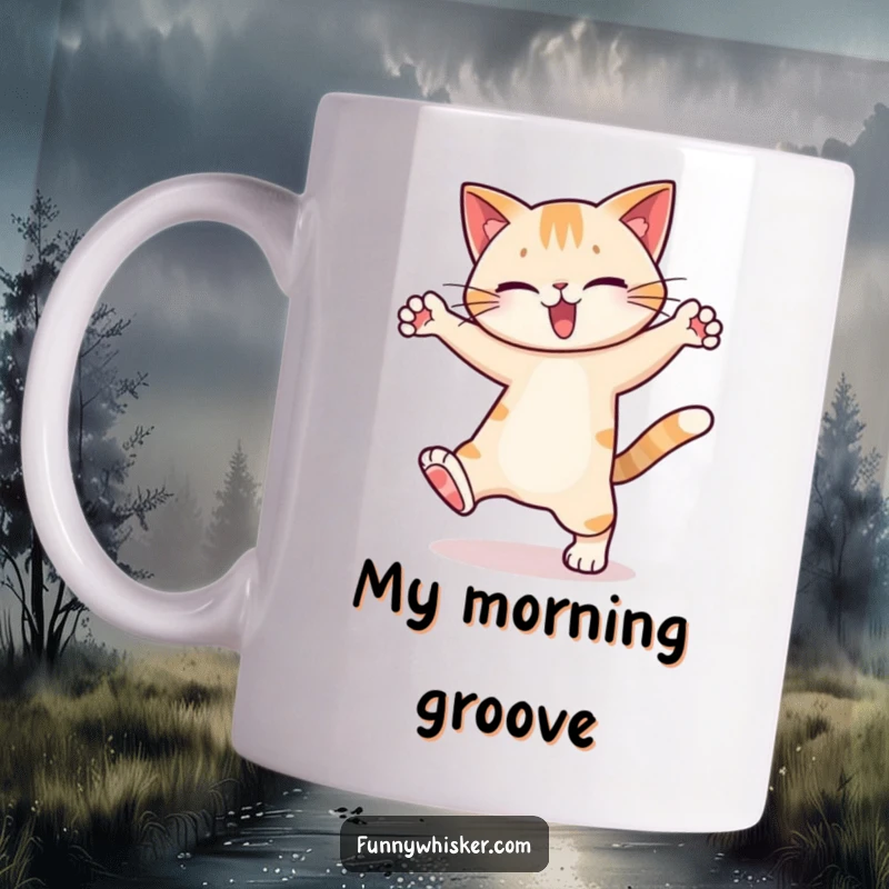 Funny Mug: A cat character performing a hilarious, silly dance with exaggerated leg movements and joyful expression.