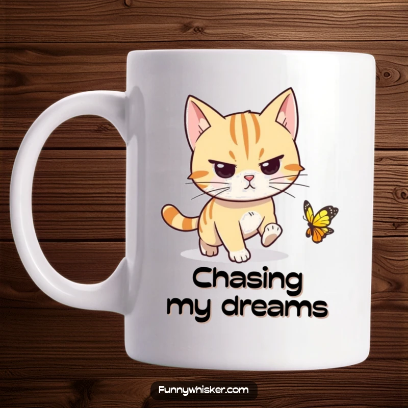 Funny cat mug showing a character with a determined look, whiskers pointed forward, intensely chasing a tiny, elusive butterfly.