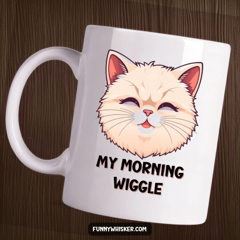 Funny fluffy cat head mug with exaggerated, wiggling whiskers, showcasing intense focus or surprise, a comical feline expression.