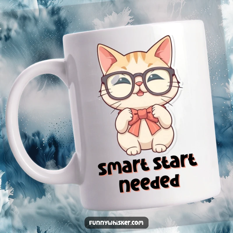 Funny mug showing a cat wearing large glasses, comically failing to tie a bow tie using its whiskers.