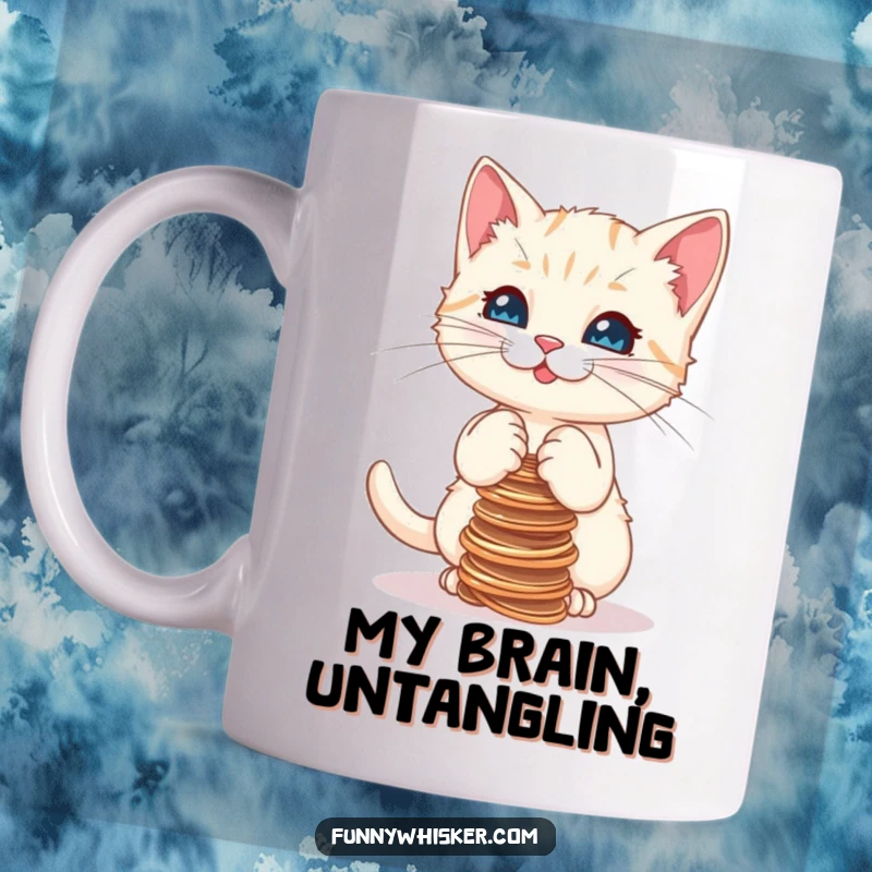 Funny kitten struggling to balance a tall stack of wobbly strings, looking determined yet clumsy, perfect for cat moms and dads.