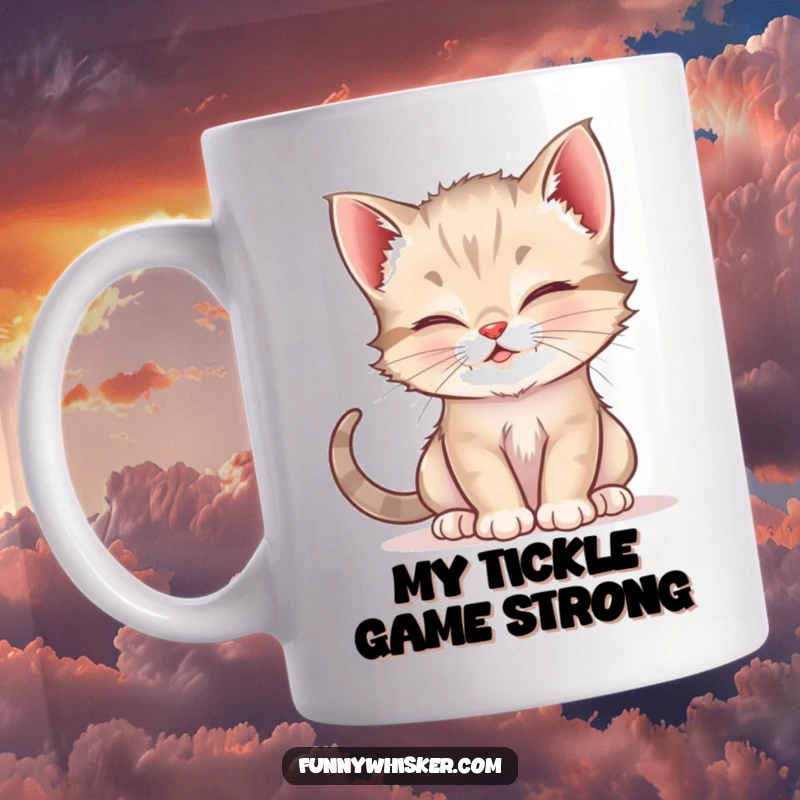 Funny mug showcasing a mischievous kitten playfully tickling a friend with its long whiskers, spreading joy and laughter.