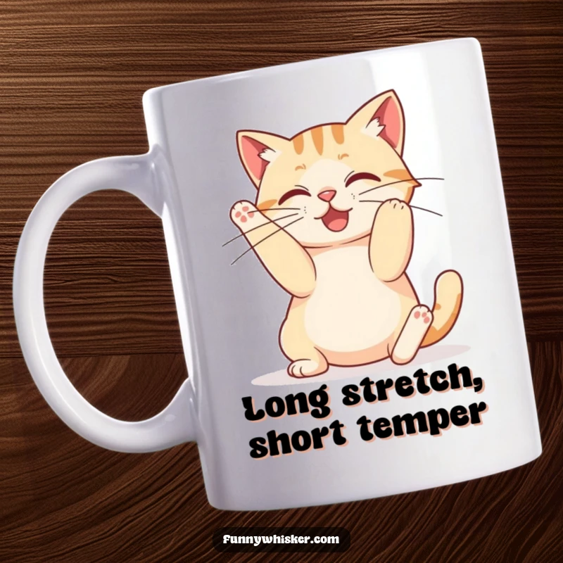 Funny mug showing a cat doing a deep stretch, its whiskers elongated comically, looking silly and pleased.