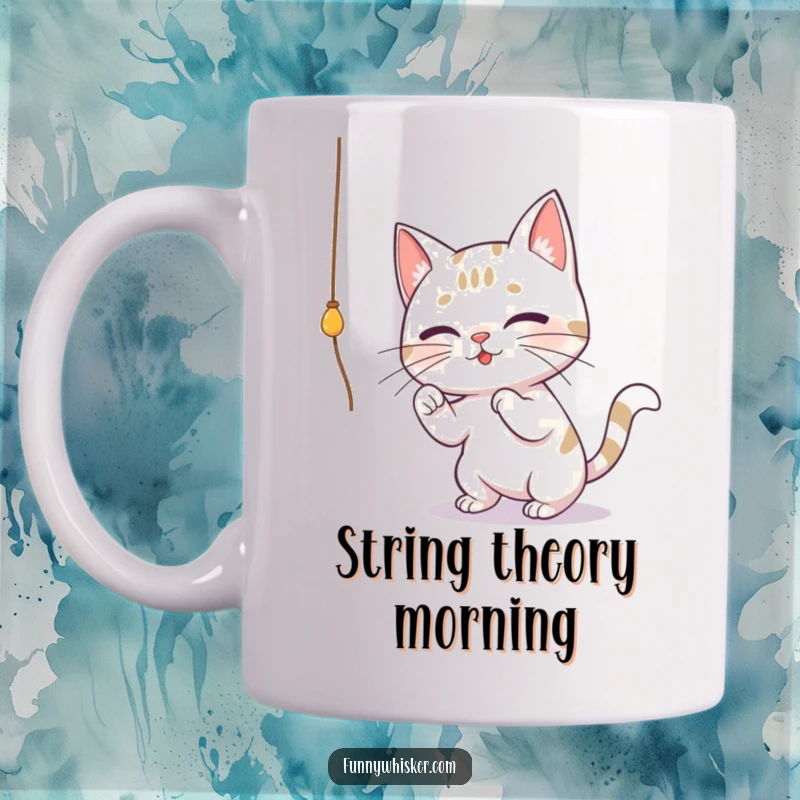 Funny mug showing a cat with huge whiskers playfully swatting at a dangling string, capturing a moment of intense feline focus and fun.