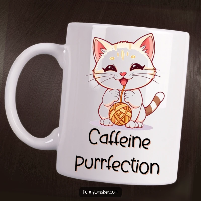 Funny mug featuring a kitten with huge whiskers gleefully batting at a swinging yarn ball, capturing playful energy.