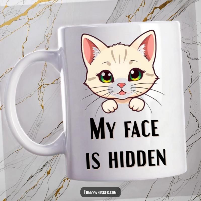 Funny mug, a cat character humorously peeking from behind large, feathery whiskers, conveying a sense of playful mystery.