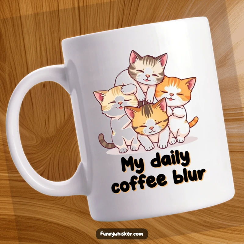 Funny mug showing three cats tumbling over each other in a chaotic, whisker-filled mess, representing playful energy.