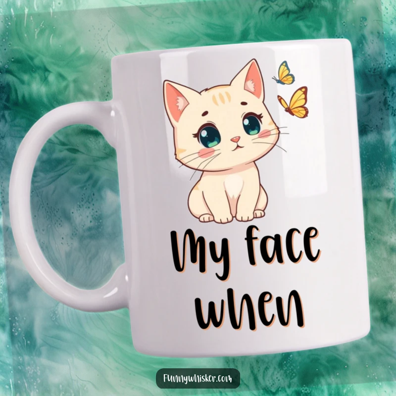Funny cat mug with windswept whiskers, startled expression, and a fluttering butterfly. Ideal funny gift for cat enthusiasts.