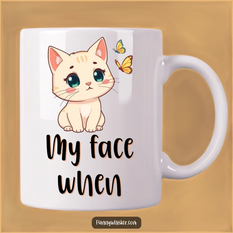 Funny Cat Surprise Mug: Windswept Whiskers & Butterfly - Perfect Novelty Gift!
