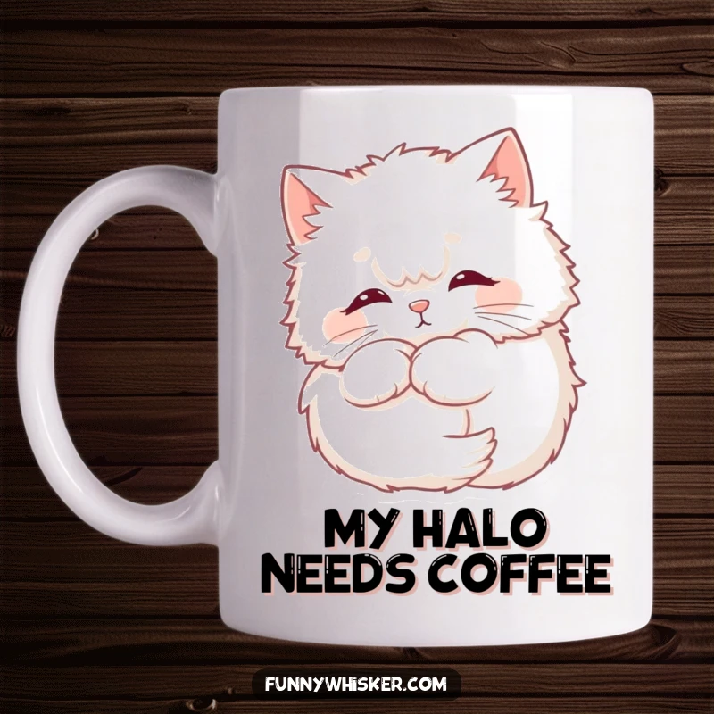 Funny Cat Mug featuring a fluffy cat napping peacefully, its whiskers forming a soft, fuzzy halo around its head.
