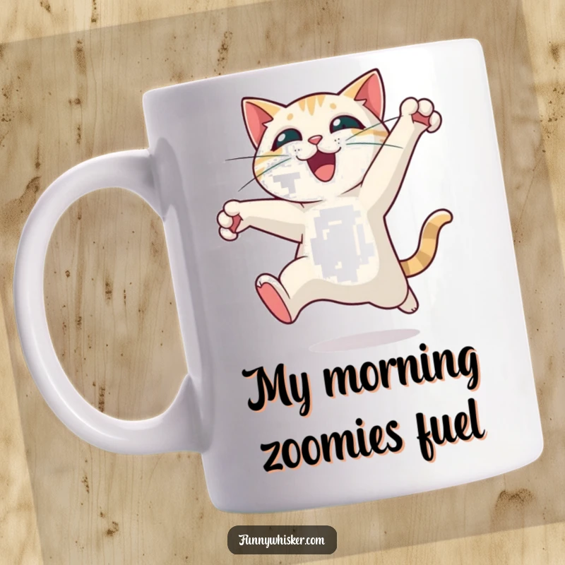 Funny cat mug featuring a character mid-leap, whiskers spread wide in pure, exhilarating motion, ready to pounce on your day.