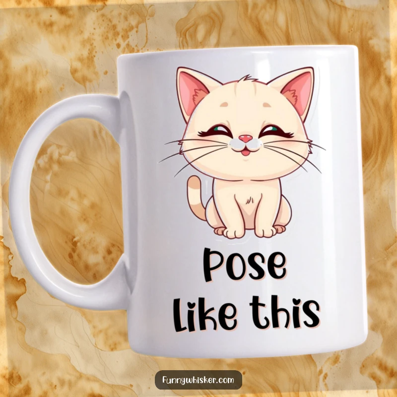 Funny mug with a cat sporting elegant whiskers in a ridiculously silly pose, showing off personality and humor. A great funny gift.