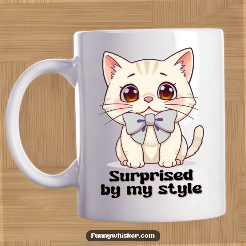 Funny mug showing a cat with comically large bow on its whiskers, eyes wide with surprise.
