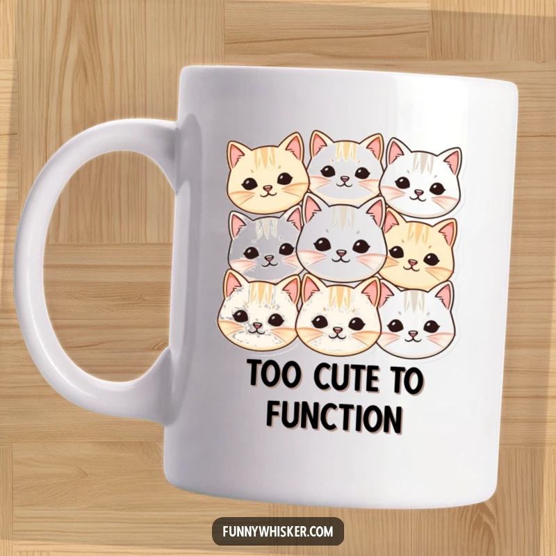 Funny mug showcasing multiple small, round cat faces with comically vibrating whiskers, depicting an overload of cute and humorous feline energy.